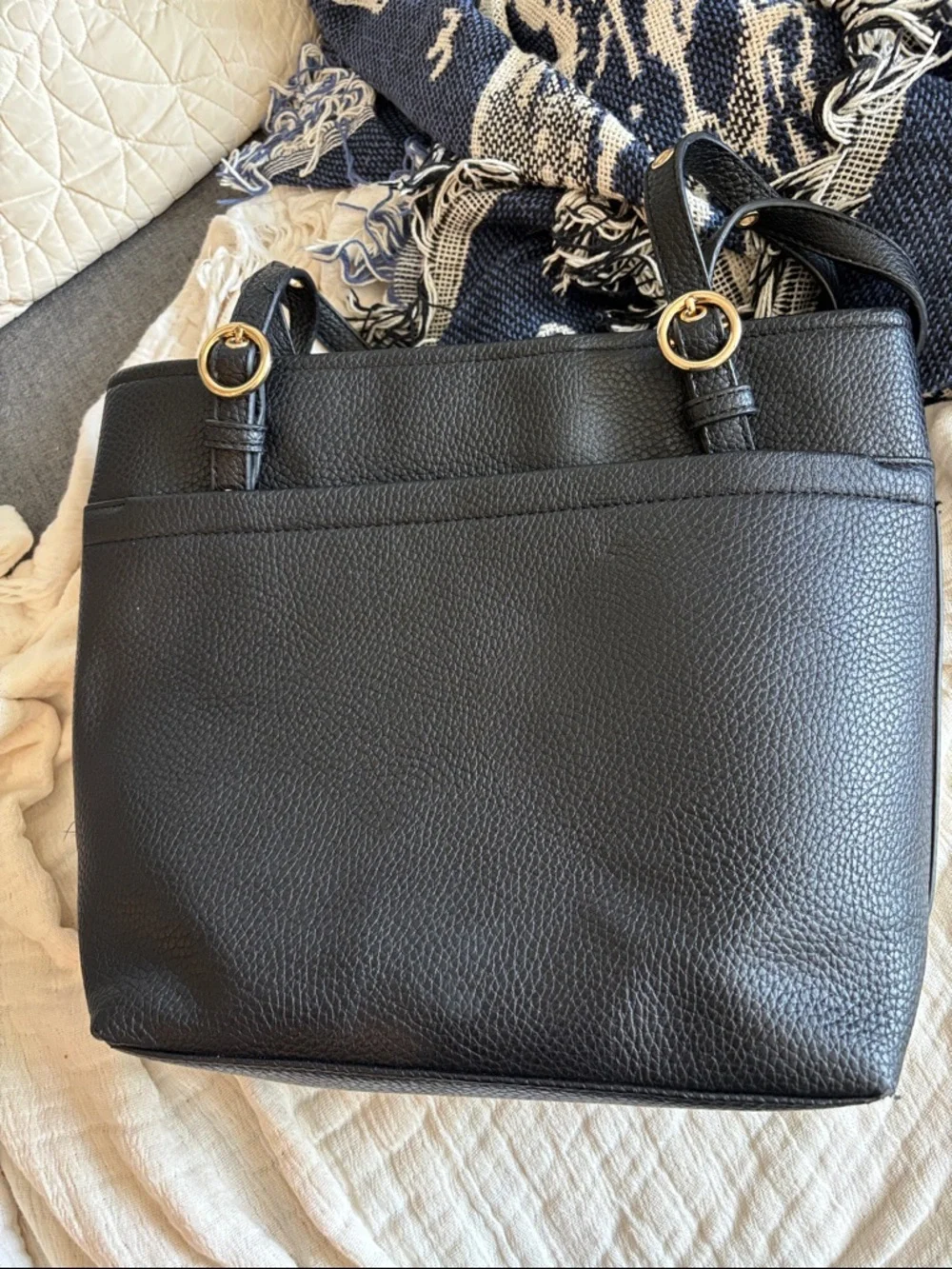 EUC Anne Klein Black Pebbled Leather Tote with Gold Accents - Picture 2 of 6